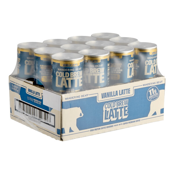 A case of twelve 8 fl. oz. cans of Wandering Bear Vanilla Latte High Protein Cold Brew Coffee.