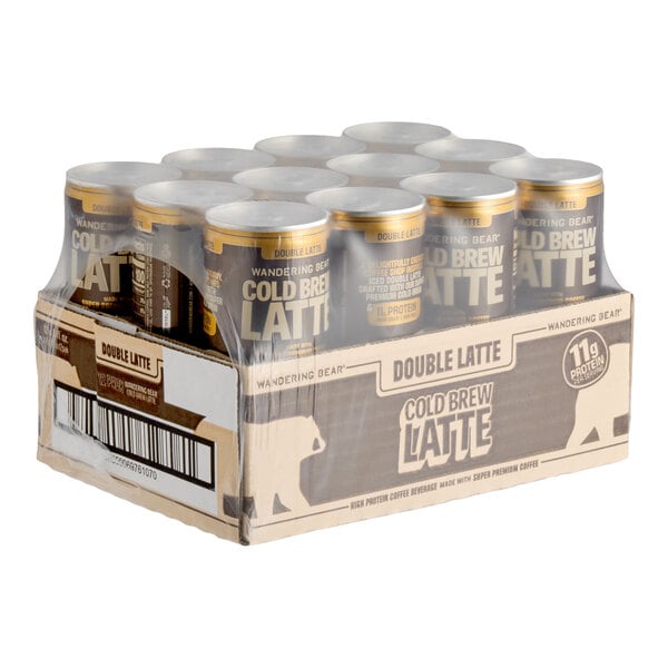 A case of twelve 8 fl. oz. cans of Wandering Bear Double Latte High Protein Cold Brew Coffee.