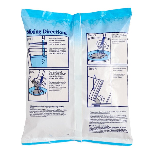 A bag of DOLE SOFT SERVE Peach Soft Serve Mix with mixing directions printed on the packaging.