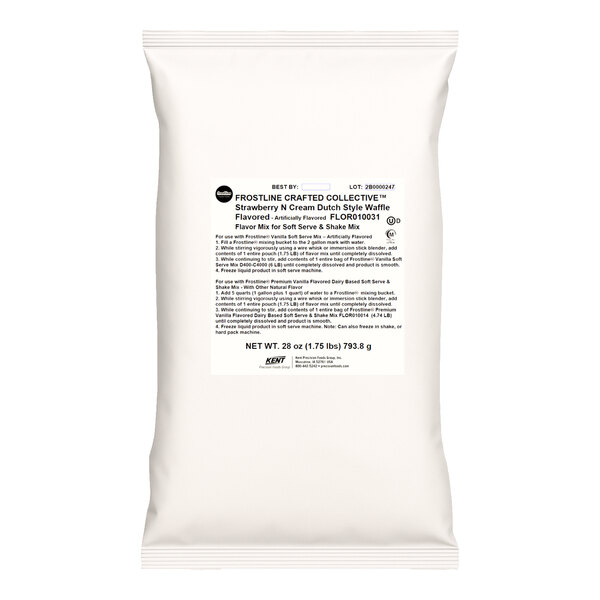 A 1.75 lb. bag of Frostline Crafted Collective Strawberries N Cream Dutch-Style Waffle flavoring mix for soft serve and shakes.