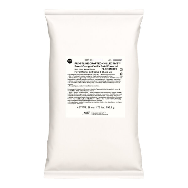 A white bag of Frostline Crafted Collective Sweet Orange-Vanilla Swirl flavoring mix for soft serve and shakes, weighing 1.75 pounds.