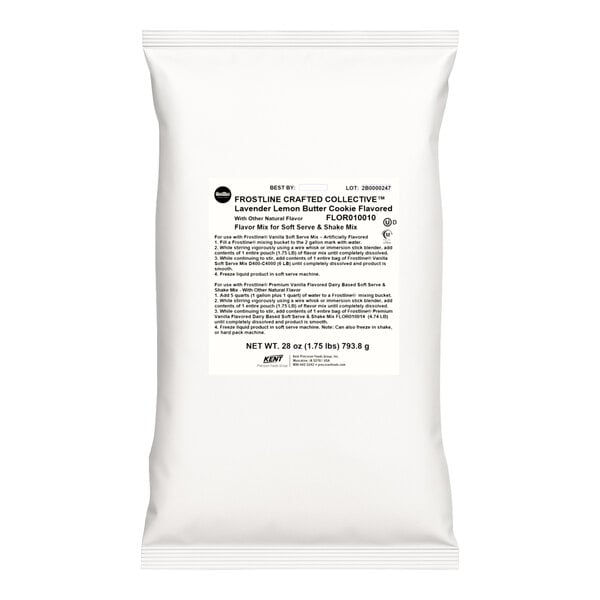 A white bag of Frostline Crafted Collective Lavender Lemon Butter Cookie flavoring mix for soft serve and shakes, weighing 1.75 lb.