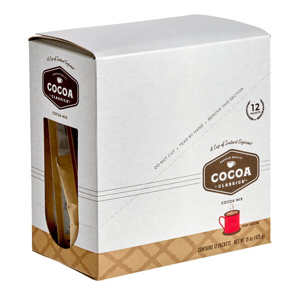 A box of Cocoa Classics cocoa mix containing 12 packets.