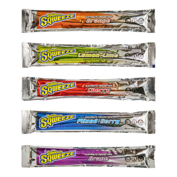 An assortment of Sqwincher Sqweeze electrolyte freezer pops in orange, lemon-lime, cherry, mixed berry, and grape flavors, each in a 3 fl. oz. package.
