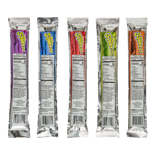 An assortment of Sqwincher Sqweeze electrolyte freezer pops in various flavors, each in a 3 fl. oz. silver and colored plastic tube.