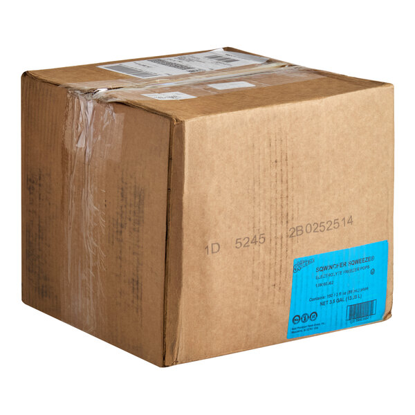 A cardboard box containing Sqwincher Sqweeze assorted electrolyte freezer pops, 3 fl. oz. size, 150 per case.