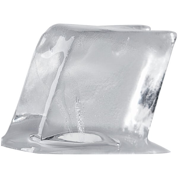 A single clear, medium-sized ice cube with slightly rounded edges.