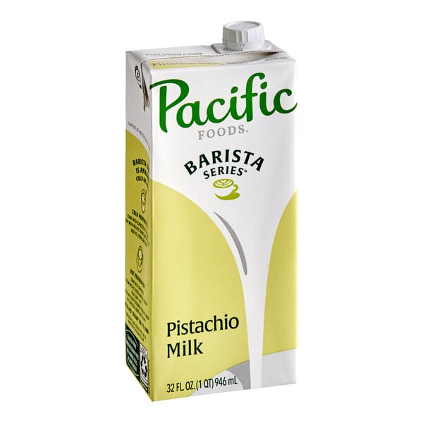 A 32 fl. oz. carton of Pacific Foods Barista Series Pistachio Milk.