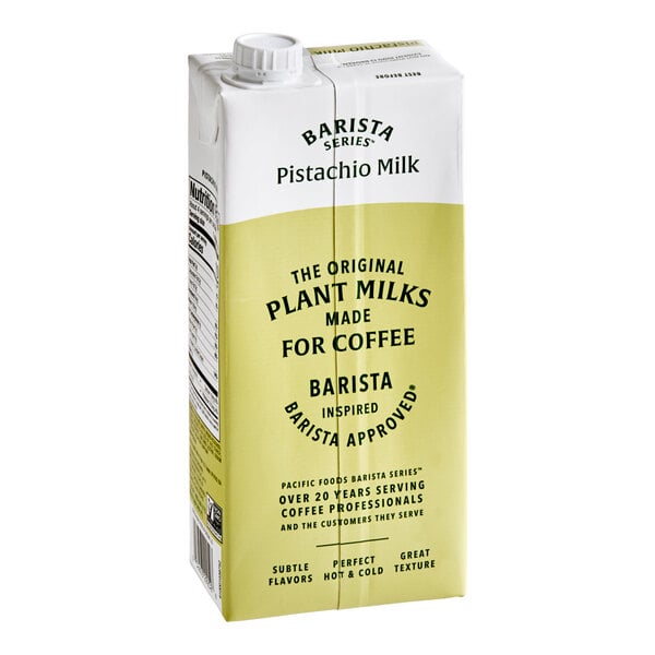 A 32 fl. oz. carton of Pacific Foods Barista Series Pistachio Milk.