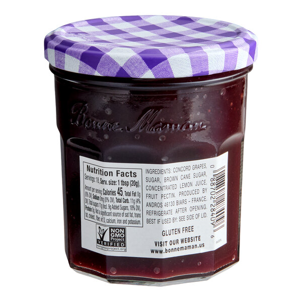 A jar of Bonne Maman Concord Grape Fruit Spread with a purple checkered lid.