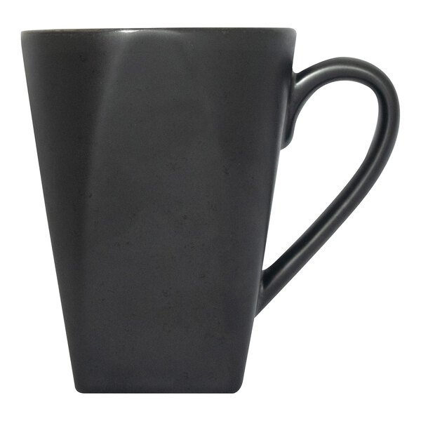 A black stoneware mug with a handle and a tapered shape.