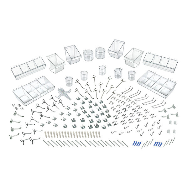 A 190-piece pegboard accessory kit with assorted hooks, bins, cups, and mounting hardware.