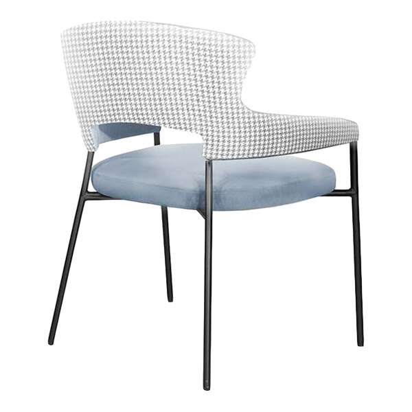 A modern arm chair with a blue fabric seat, houndstooth-patterned backrest, and black metal frame.