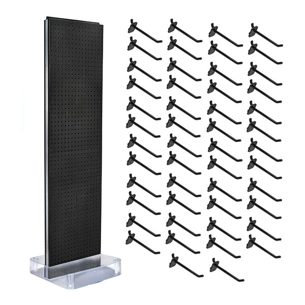 A two-sided black pegboard floor display with a clear base, accompanied by 50 black hooks.