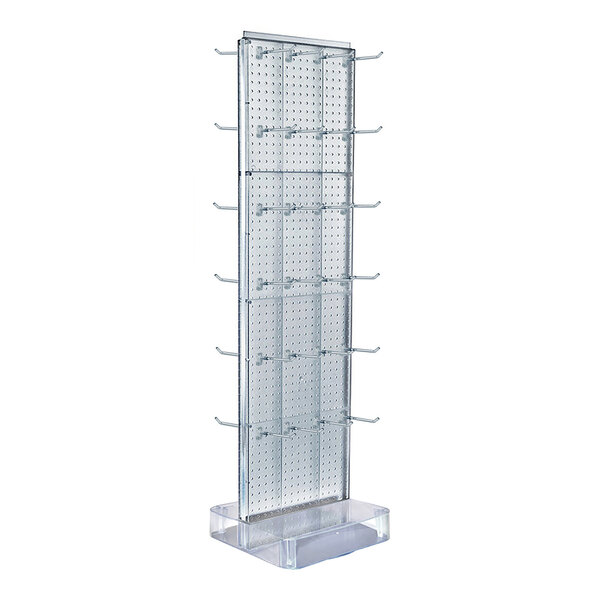 A clear, two-sided pegboard floor display with multiple metal hooks and a sturdy rectangular base.
