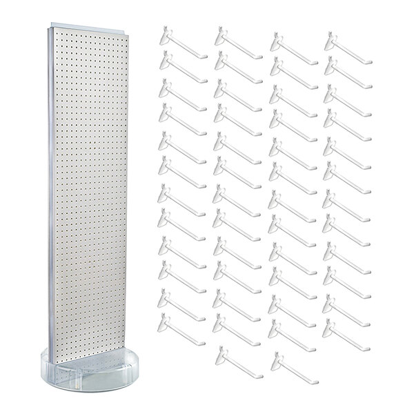 A two-sided white pegboard spinner floor display with a clear base and fifty metal hooks.