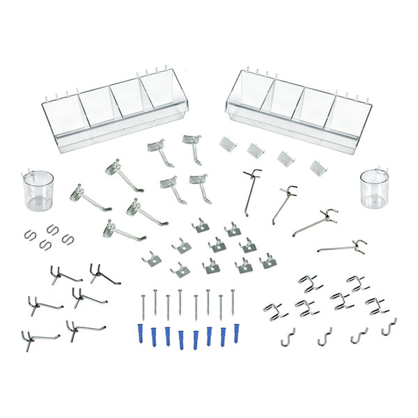 A 64-piece pegboard accessory kit including bins, hooks, cups, brackets, screws, and wall anchors.