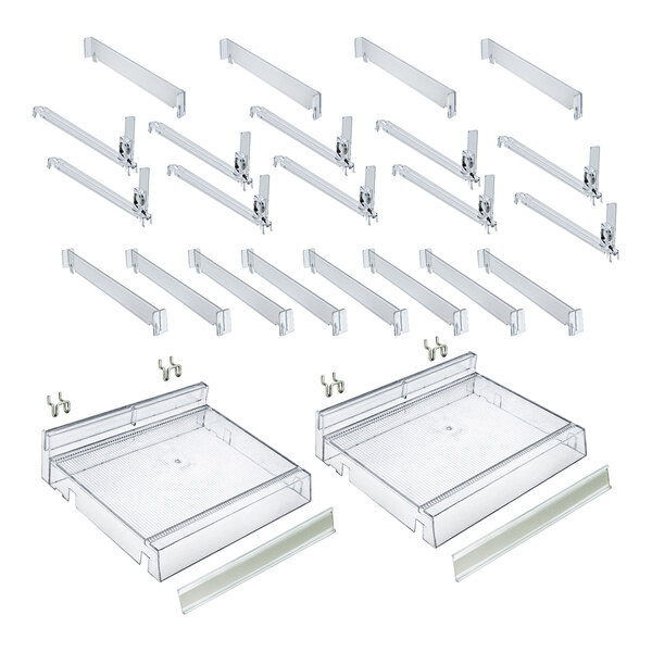 A two-piece clear adjustable short divider bin cosmetic tray set with multiple dividers and accessories.