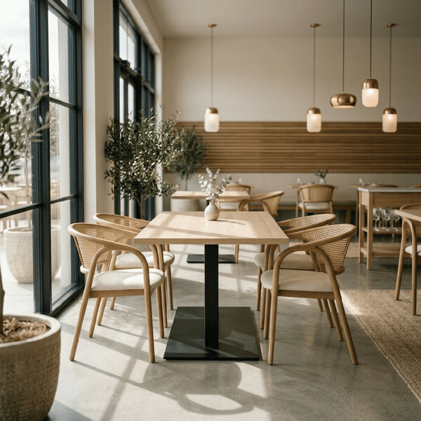 A rectangular high-pressure laminate MDF table top with a Bardolino oak finish, shown in a modern dining setting.