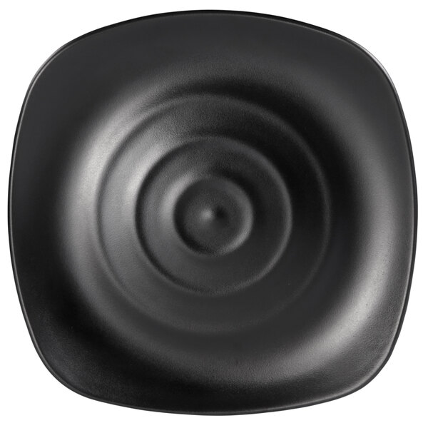 A black square Elite Global Solutions melamine plate with a spiral pattern.