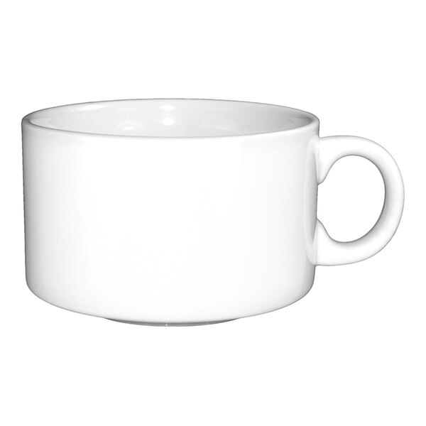 A plain bright white stoneware soup cup with a handle.