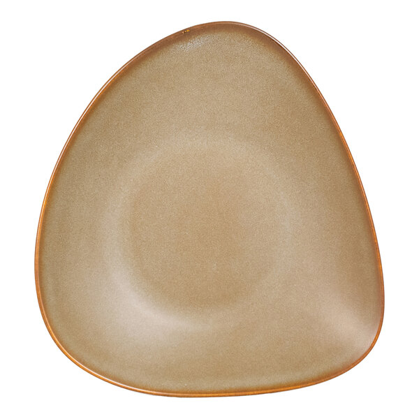 A triangular stoneware serving bowl in a light brown color.
