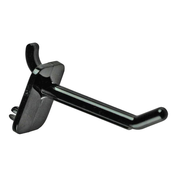A black polycarbonate locking peg hook designed for display purposes.