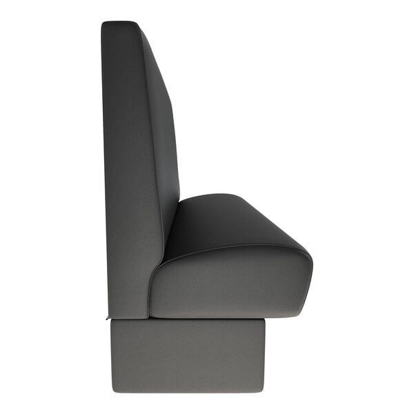A long, plain, black upholstered wall booth banquette with a high backrest.