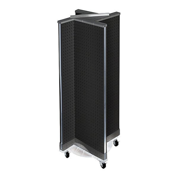 A black four-sided pinwheel pegboard mobile floor display with wheels.