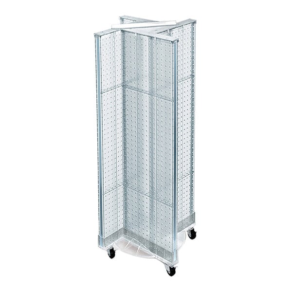 A clear, four-sided pinwheel pegboard mobile floor display with wheels.