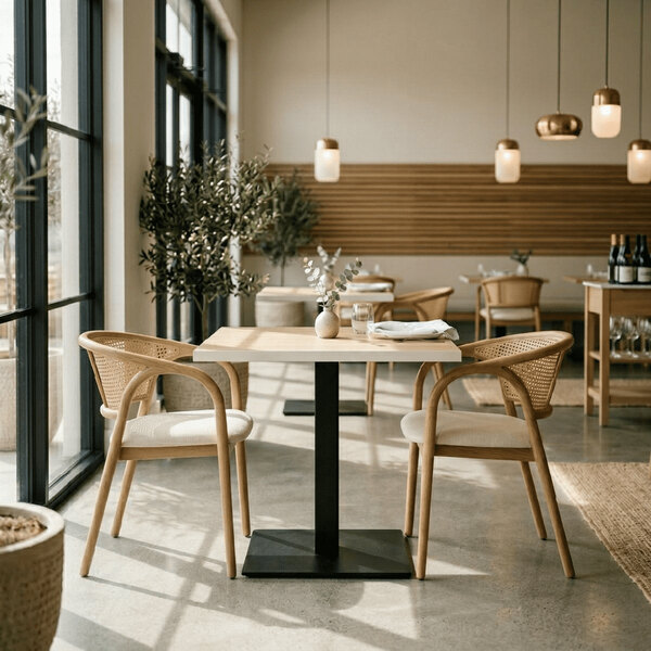 A rectangular high-pressure laminate MDF table top with a light oak finish, shown in a modern dining setting.
