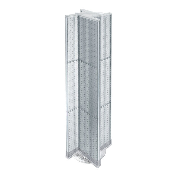 A clear, four-sided pinwheel pegboard spinner floor display made of high-impact styrene, measuring 23 by 23 by 62 inches.