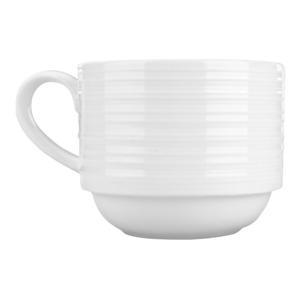 A bright white porcelain cup with a handle and a 9-ounce capacity.