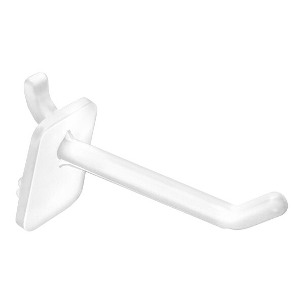 A white polycarbonate locking peg hook designed for display or storage purposes.