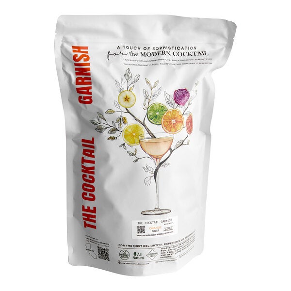 A resealable white pouch labeled 'The Cocktail Garnish' containing dried navel orange slices for cocktails.