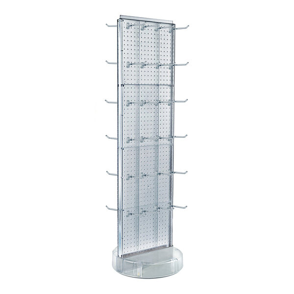 A clear two-sided pegboard spinner floor display with multiple hooks and a round base.