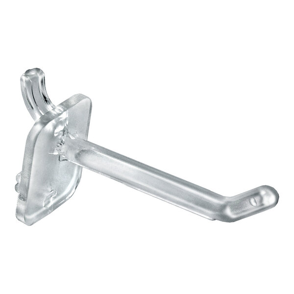 A clear polycarbonate locking peg hook designed for display purposes.