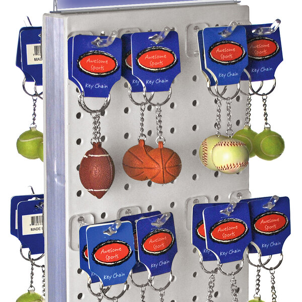 A display rack with multiple clear polycarbonate locking peg hooks holding sports-themed keychains.