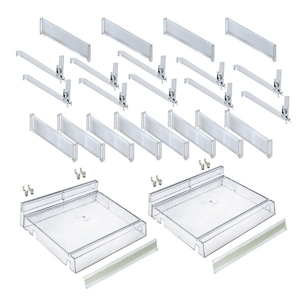 A two-piece clear adjustable tall divider bin cosmetic tray set with multiple dividers and hardware.