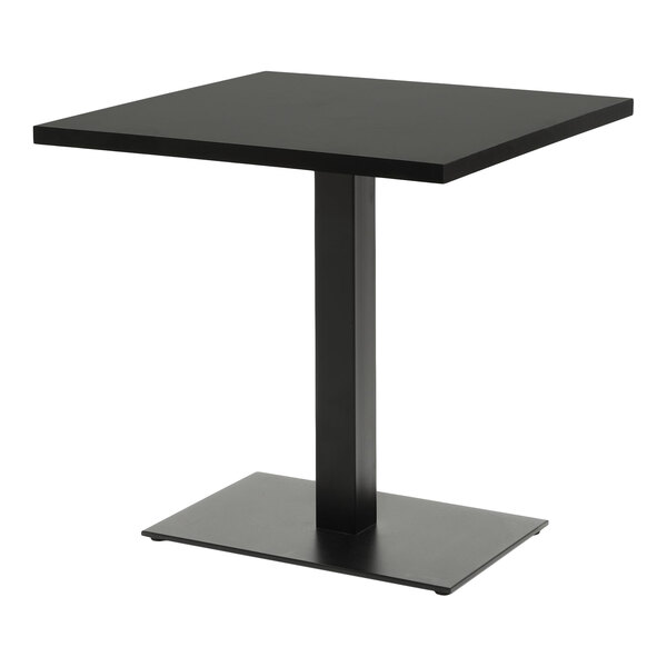 A rectangular black table with a high-pressure laminate MDF top and a single central pedestal base.