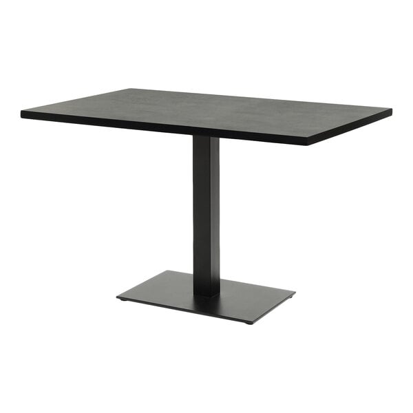 A rectangular gray high-pressure laminate MDF table top with a black pedestal base.