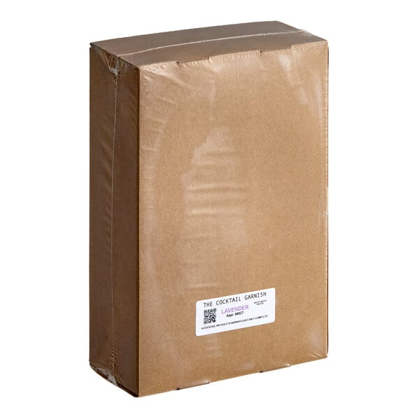 A sealed brown box labeled as containing stemmed English lavender sprigs for cocktail garnish.