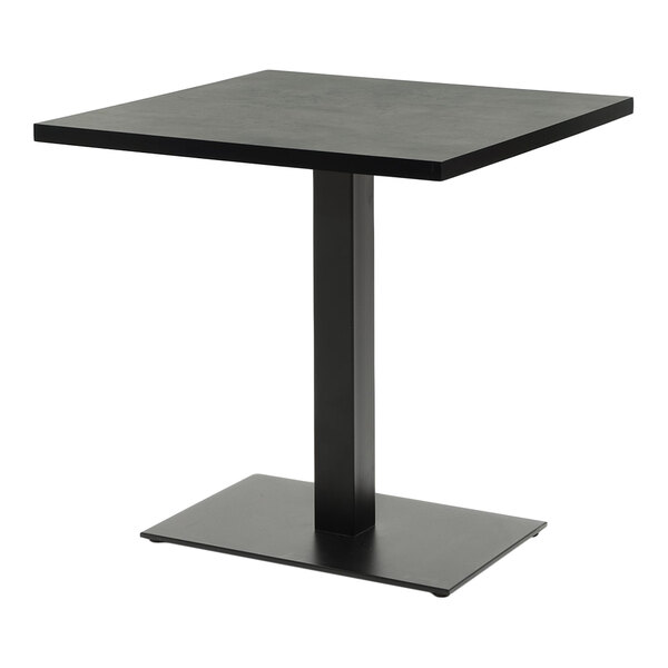 A rectangular gray high-pressure laminate MDF table with a black metal pedestal base.