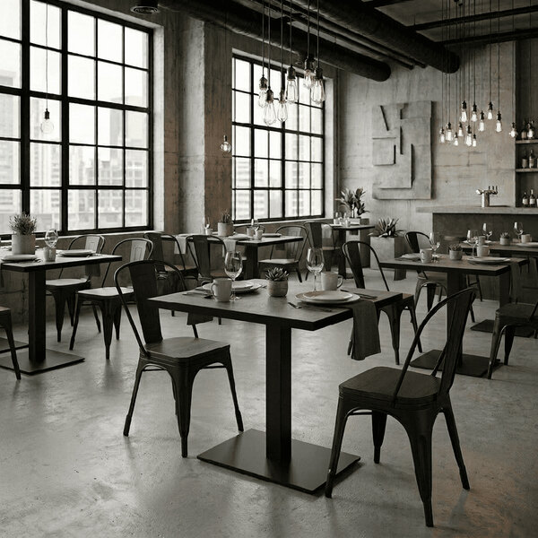 A rectangular gray high-pressure laminate MDF table top set in a modern industrial-style restaurant.