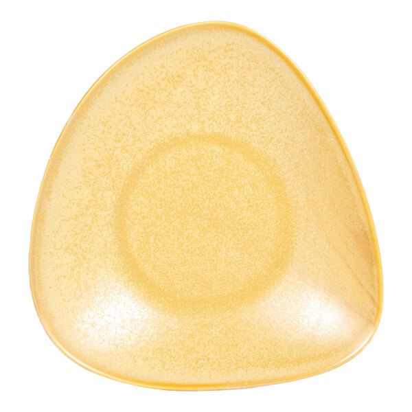 A caramel-colored, triangular stoneware serving bowl with a 32 oz. capacity.