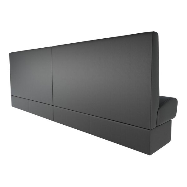 A long, black upholstered wall booth banquette with a high backrest.