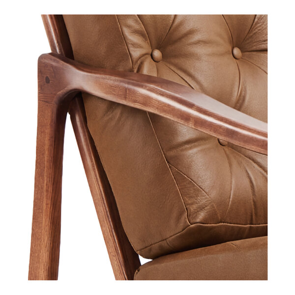 A mid-century modern brown faux leather tufted loveseat with a natural wooden frame.