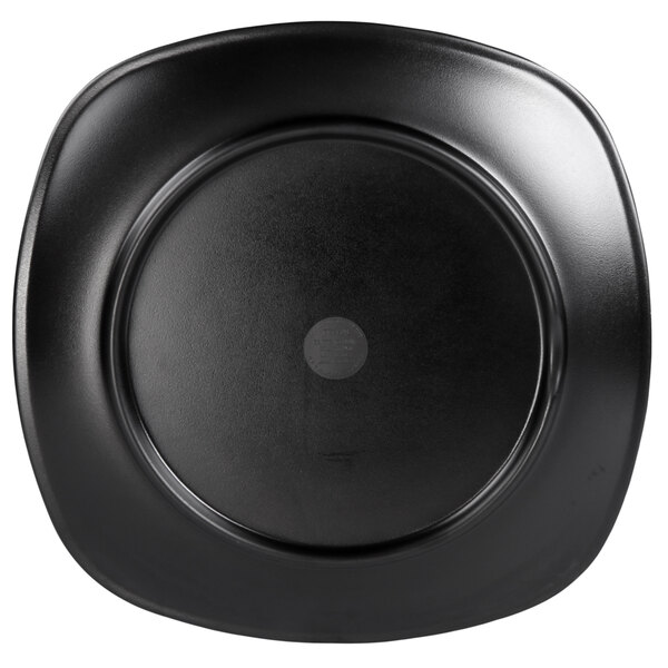 A black square Elite Global Solutions melamine plate with a circle in the center.