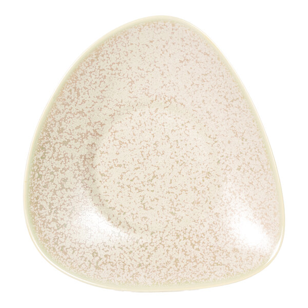 A triangular stoneware serving bowl with a speckled pistachio finish.