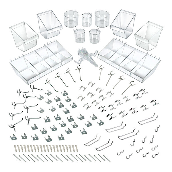 A 120-piece pegboard accessory kit with assorted hooks, bins, cups, and mounting hardware.